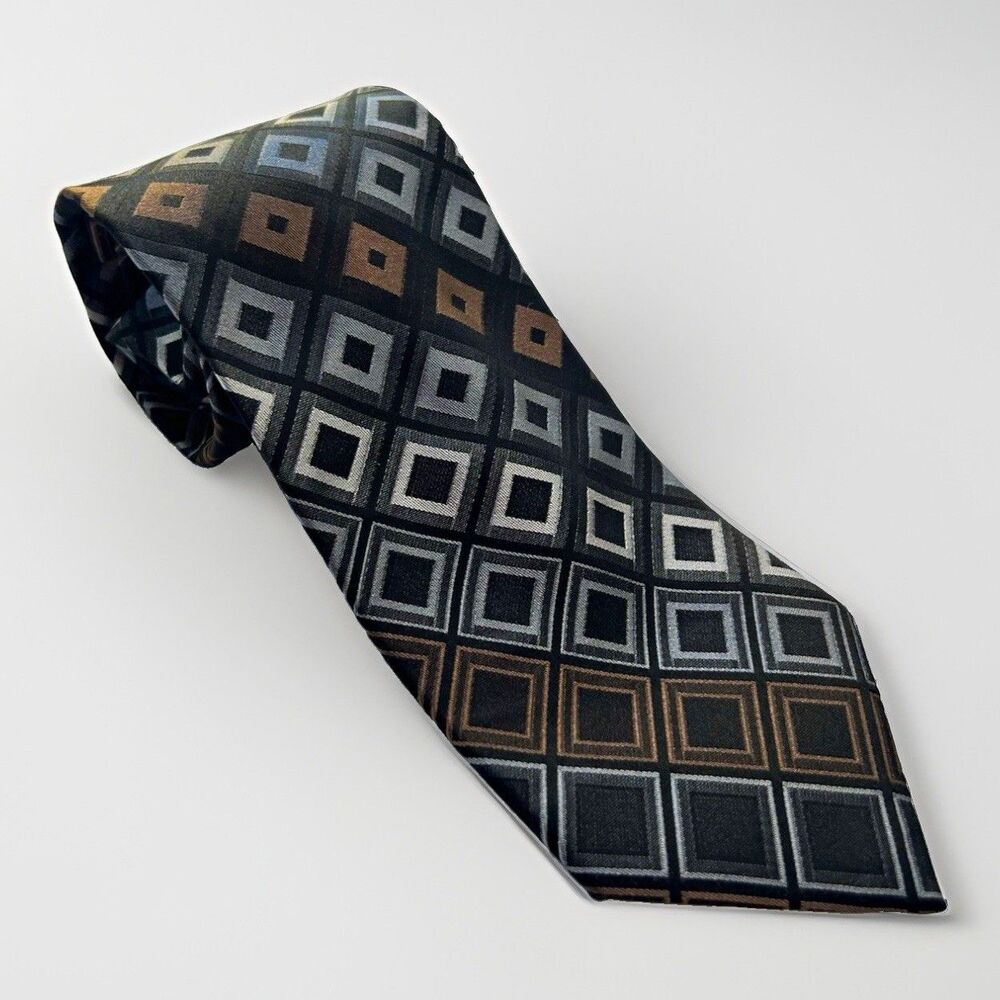 Kenneth Cole Reaction Men's 100% Silk Woven Geometric Tie, Black Gray Brown
